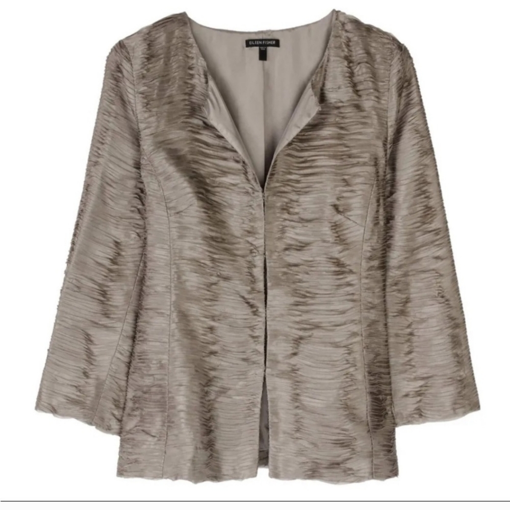 Eileen Fisher Ripple Bindu Silk Jacket Size Medium Taupe Grey Slik Lagenlook